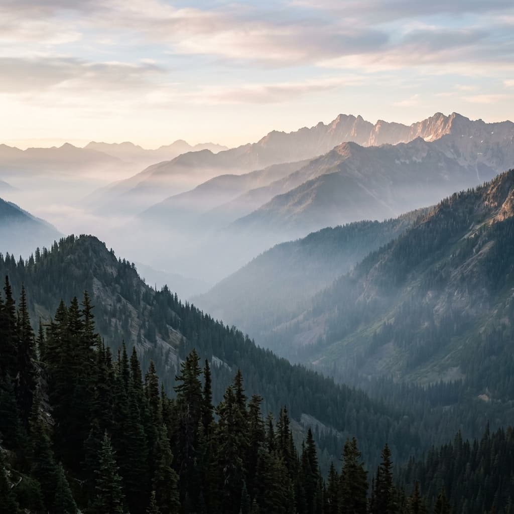 Misty pine mountains at sunrise