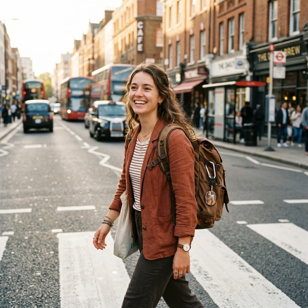 Smiling traveler on city street